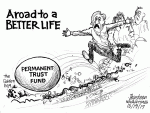 Golden egg representing Permanent Trust Fund rolls downhill on road to a better life with people frantically chasing it.