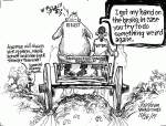 Council delegate up for re-election riding wagon labeled Transportation Stimulus Referendum with voters. Voters say, I got my hand on the brake in case you try to do something weird again.