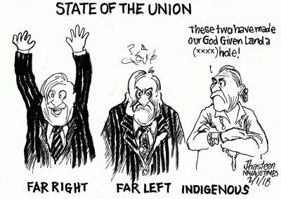 Far Right guy holding both hands up. Far Left guy standing there all mad. Indigenous guy says, These two have made our God Given Land a xxxx hole.