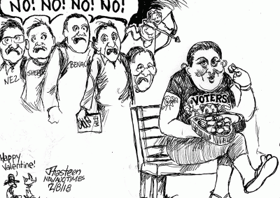 Fat voters with tatoo on arm eat box of Valentine's Day chocolates while council delegates should No, no no!
