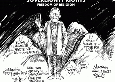 Sovereignty Rights. Freedom of Religion. Man waving eagle feathers amid rocks bearing sacred sites, 1868 long walk, Navajo and Texas legalize peyote for Native American Church. Sidekicks say, Celebrating Sovereignty Day!