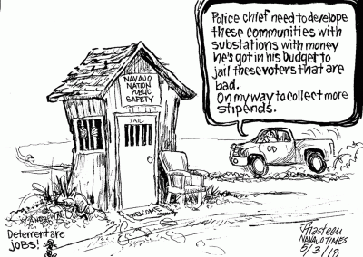 Council delegate in truck speeds past tiny Navajo Nation jail and says, 'Police chief need to develop these communities with substations with money he's got in his budget to jail these voters that are bad. On my way to collect more stipends."