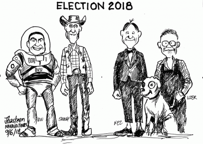 Presidential front-runners Joe Shirley and Jonathan Nez, and their running mates, dressed up as toy characters.