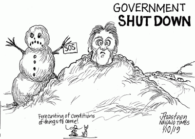 Government shutdown. Man buried to neck in snow. Snowman holds SOS sign. Sidekicks say, forecasting of conditions of things to come. Cars plod through snow-covered, ungraded road.