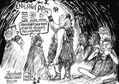 Cavemen-like council delegates, and Nez, try to draw on a wall what their energy program looks like. One demands more light or stopping meeting.