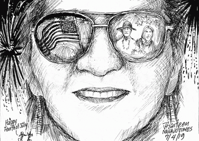 Young Navajo with American flag in lense of sunglasses and elders in the other lense. Happy Fourth of July, sidekicks say.