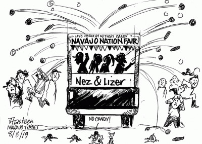 Nez and Lizer on Navajo Nation fair parade truck tossing out corn and other vegetables at crowd running away and covering their heads. Banner says, "Live Healthy without candy"