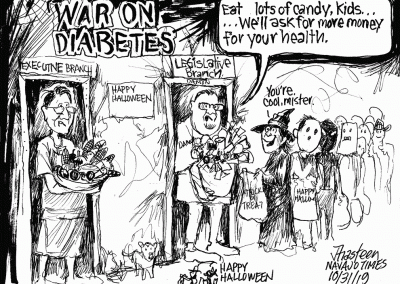 War on Diabetes. Executive branch hands out vegetables and fruit. Legislative branch hands out junk food.