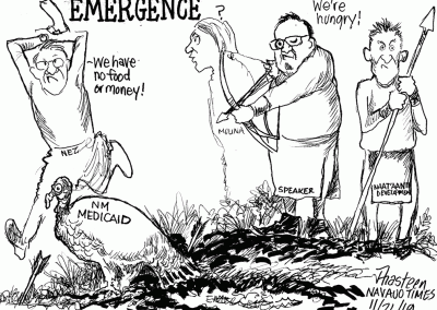 Emergence: Navao Nation Speaker and Naat'aanii Development shooting the New Mexico Medicaid Turkey. We're hungry. Nez runs with axe overhead saying we have no food or money. Molina looks away.