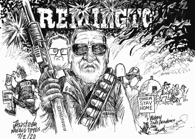 Remington riflemen scaring away Lizer to Trump rally and residents fleeing. Sidekicks say Happy Independence Day.