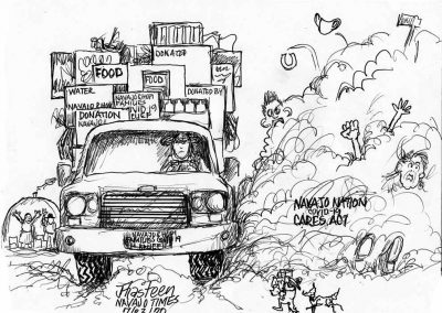 Truck carries emergencies supplies for COVID relief away from Navajo families, who the families scramble for help. The dust cloud reads Navajo Nation Covid 19 Cares Act.