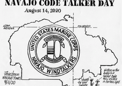 Navajo Code Talker Day, Aug. 14, 2020. United States Marine Corps, Navajo Windtalkers. Sidekicks say thanks for your service. Written on the body is a secret code only visible in certain light.