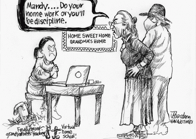 Grandparents yelling at granddaughter to do her homework. Sidekicks say virtual home school an finally grandparents teaching.