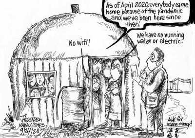 Masked U.S. Census taker tries to collect information on a packed household crammed into tiny hogal. One answers: As of April 2020, everybody came home because of the pandemic and we've been here ever since. Kid chimes in: No wi-fi!