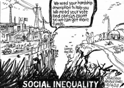 Social inequality. People on rural side of a cliff marvel at te tons of businesses, cars and well-dressed people on the other side. One rez resident tries to climb up the cliff to the other side.