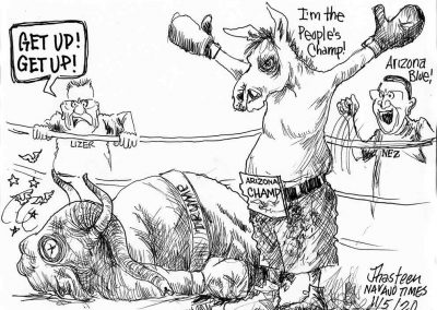 Arizona champ donkey (Democrats) knocks out the elephant, Trump. Lizer hollers from the boxing ring sidelines, Get up! Nez hollers, Arizona blue!