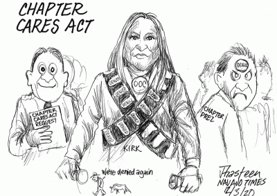 Chapter CARES Act. Kirk wears bullet vest with bullets labeled as denied. Chapter president has denied on forehead.