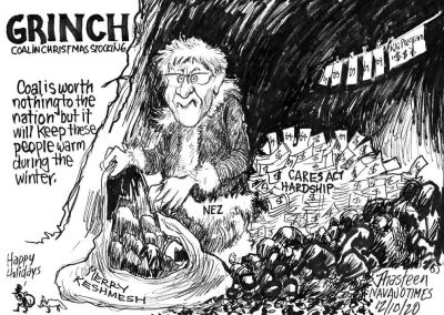 Grinch. Coal in Christmas stockings. Nezx handing out coals, while CARS act hardship money flies away. Sidekicks say Happy Holidays!