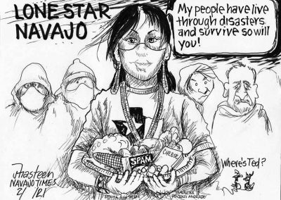 Lone Star Navajo. Woman wearing mask and basket full of corn, SPAM and Cheese telling Texans, my people have lived through disasters and survived. So will you.
