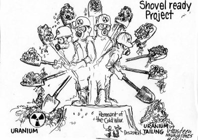 Shovel ready project. Minors tossing shovels int he dir for unranium and tailings. Sidekicks call it a remnant of the cold war and a disaster.