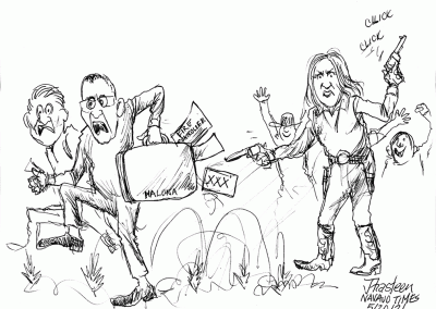 Navajo Nation Controller Pearline Kirk as a gunslinger chases Halona and another council delegate away, who wanted to fire her.