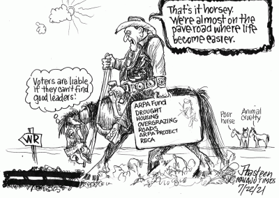 ARPA funds in suitcase carried by cowboy who says that's it horsey. We are almost on the pave road where life becomes easier. Horse is weary.