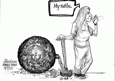 Pearline Kirk as a prisoner of Navajo Nation Judicial system, shackled with a sledgehammer, worries about fingernails.