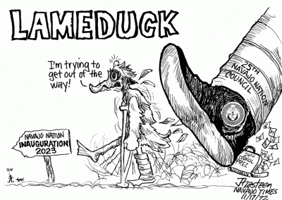 Navajo Nation Council kicks out the lame duck, hobbling on crutches.