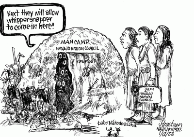 Man camp - Navajo Nation Council. Eyes peek out from dark cave and say, "next they will allow young whippersnappers in here." Women council delegates arrive for the 25th Navajo Nation Council.