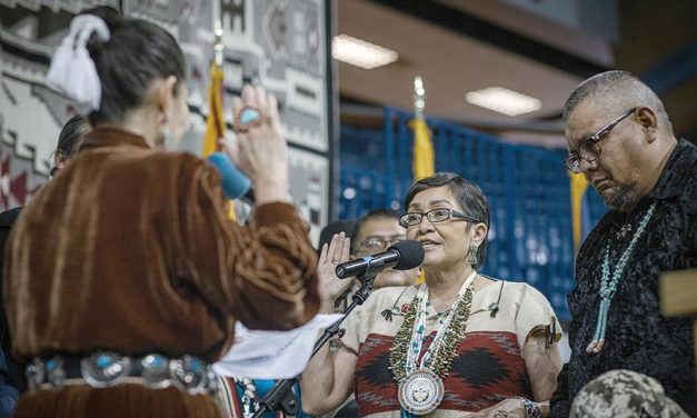 ‘Nihichʼą́ą́h na’ashhaał dooleeł’:  Richelle Montoya sworn in as next vice president