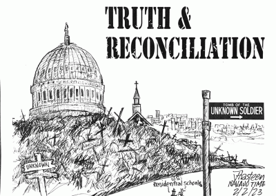 Truth and reconciliation. Washington DC covered in crosses for unknown soldiers who died in action. Street sign points away to Tomb of the Unknown Soldier. Sidekicks refer to residential schools.