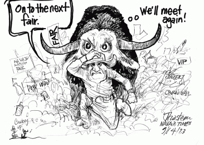 Bull chases cowbow out of the Navajo Nation Fair. Caption says, On to the Next Fair. We'll meet again.